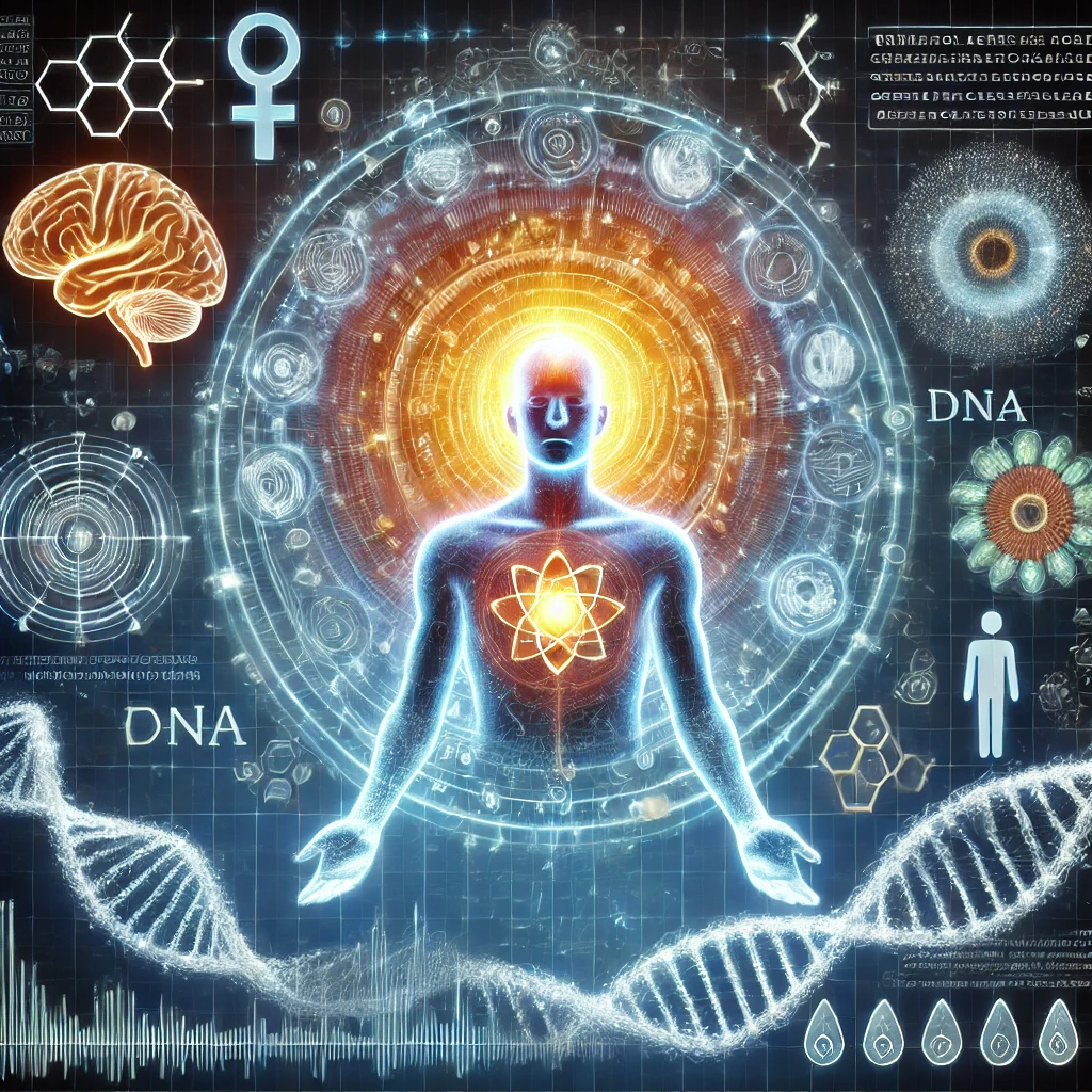 a digital image of a man with a dna strand and symbols