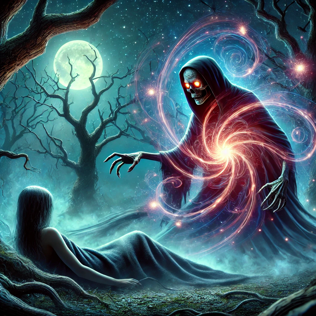 DALL·E 2024 07 17 09.04.24 Energy vampire draining energy from a person in a mystical forest at night. The scene is eerie with glowing eyes of the vampire swirling dark energy Biokinese-Albrecht®