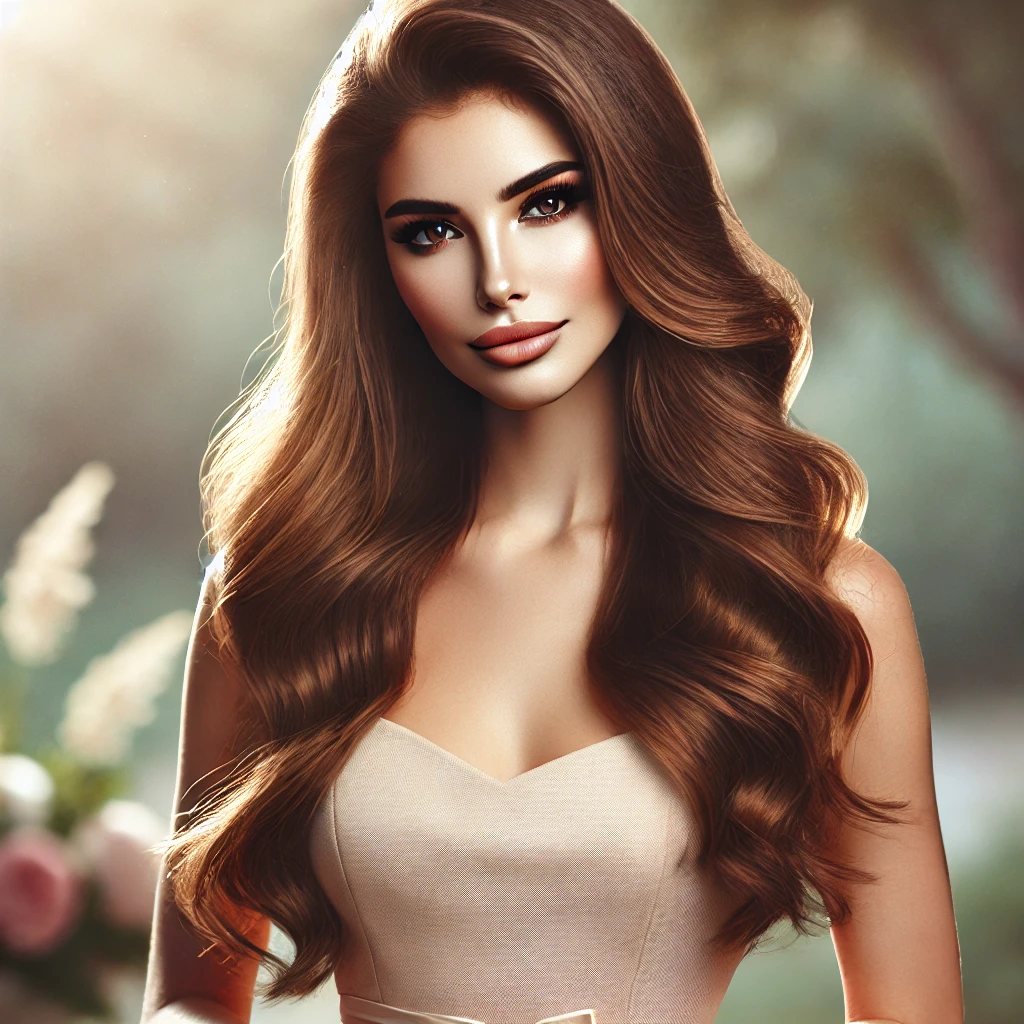 DALL·E 2024-07-17 09.27.49 – A stunningly beautiful woman with long, flowing hair, radiant skin, and striking facial features. She is wearing an elegant dress, standing in a natur