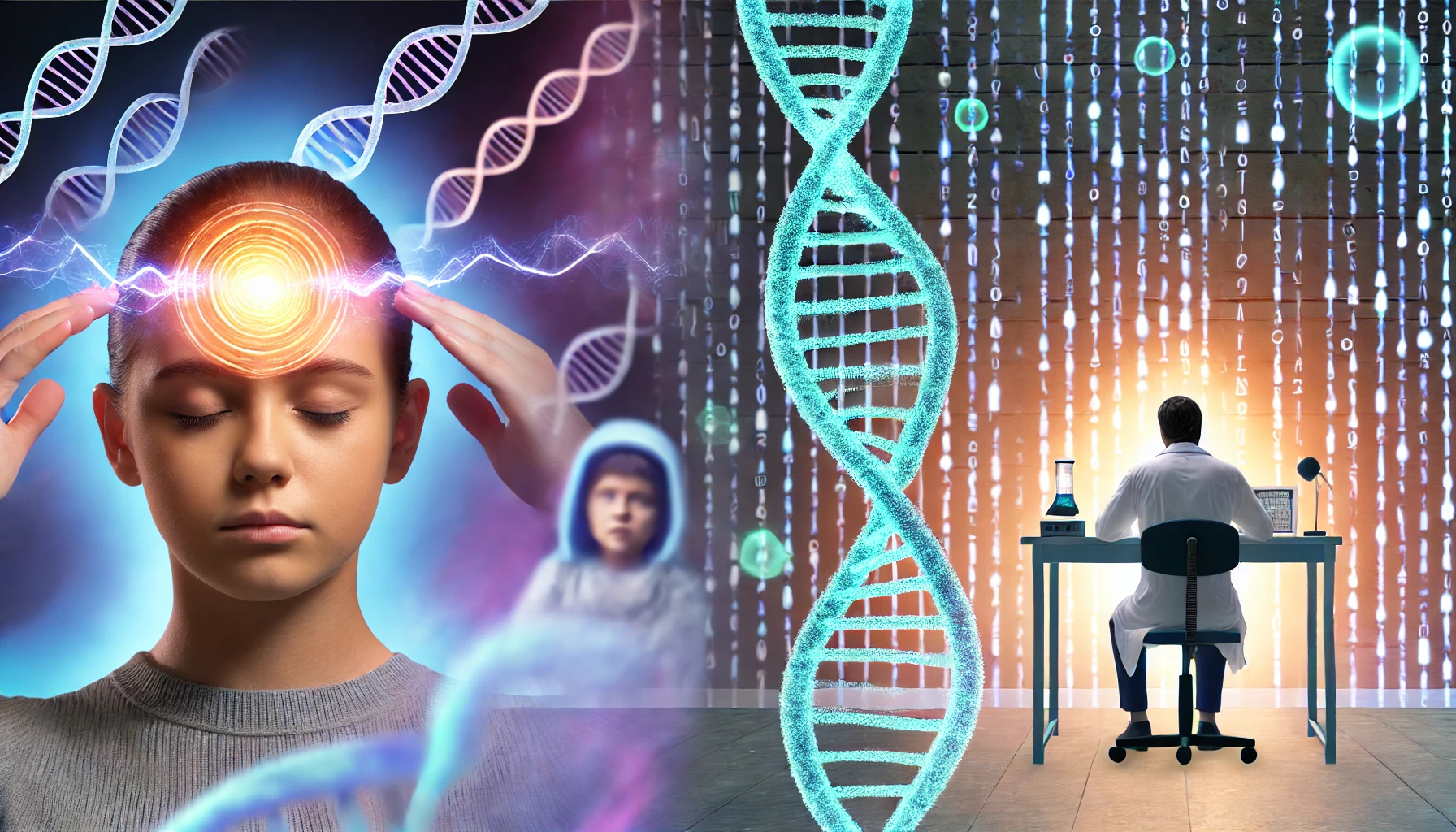 DALL·E 2024 07 18 11.33.08 A wide image depicting the concept of DNA manipulation through biokinesis. On one side show a person in deep concentration their mind emitting waves Biokinese-Albrecht®