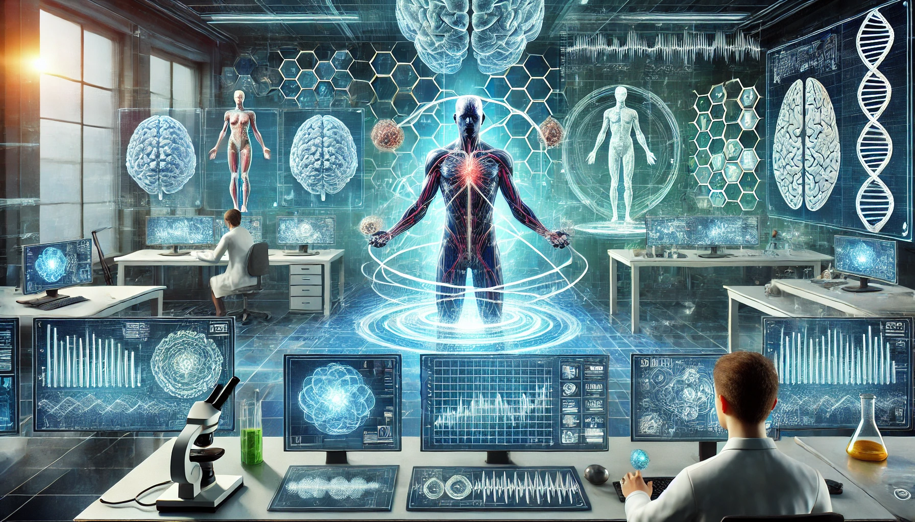 DALL·E 2024-07-18 11.48.39 – A dynamic scene in a modern lab where a scientist with biokinetic abilities is at work. The scientist, in a focused posture, uses mind power to levita