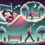DALL·E 2024-07-22 12.56.46 – An illustration depicting a girl lying in bed dreaming with a thought bubble showing a memory of her and her ex-boyfriend sitting on a park bench. In