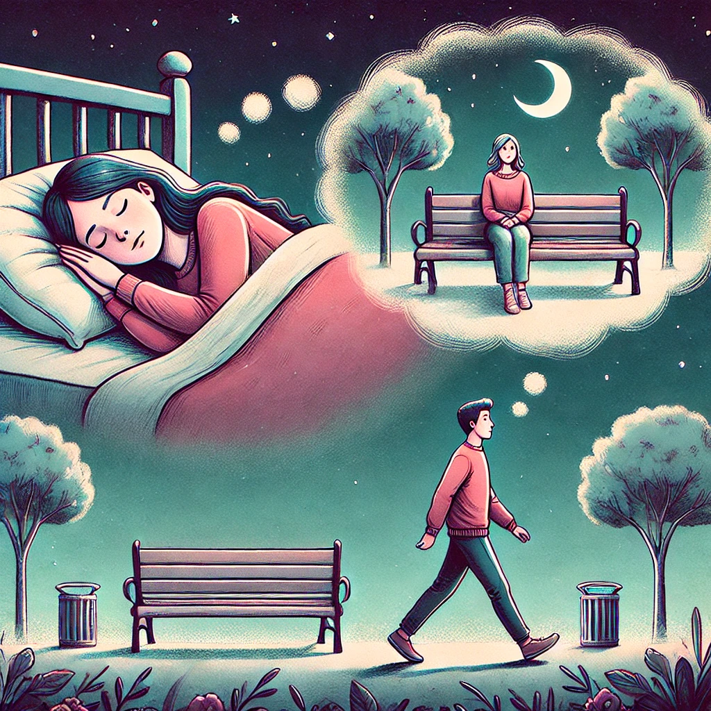 DALL·E 2024 07 22 12.56.46 An illustration depicting a girl lying in bed dreaming with a thought bubble showing a memory of her and her ex boyfriend sitting on a park bench. In Biokinese-Albrecht®