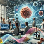 DALL·E 2024-07-22 13.01.18 – An inspiring scene showing a group of scientists in a modern laboratory, analyzing cancer cells through advanced technology. In the background, a larg