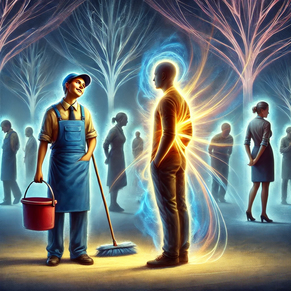 DALL·E 2024 07 22 13.15.13 A surreal scene depicting the concept of biokinesis. A person is engaged in a casual conversation with a janitor. As they talk the person feels a phy Biokinese-Albrecht®