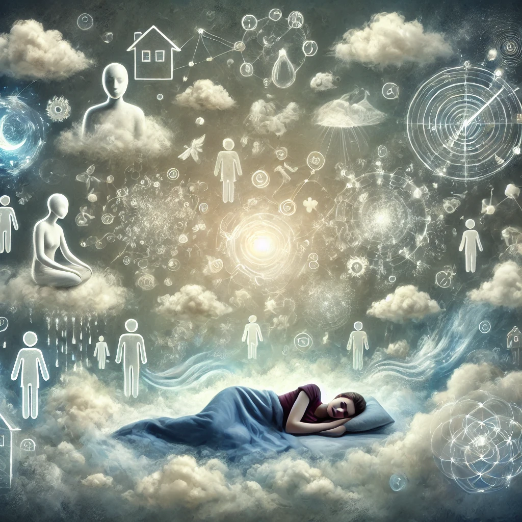 a woman lying on a pillow surrounded by clouds